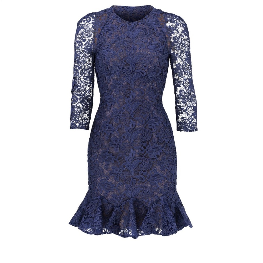 Monique Lhuillier Navy Tea Flounce dress lace 6